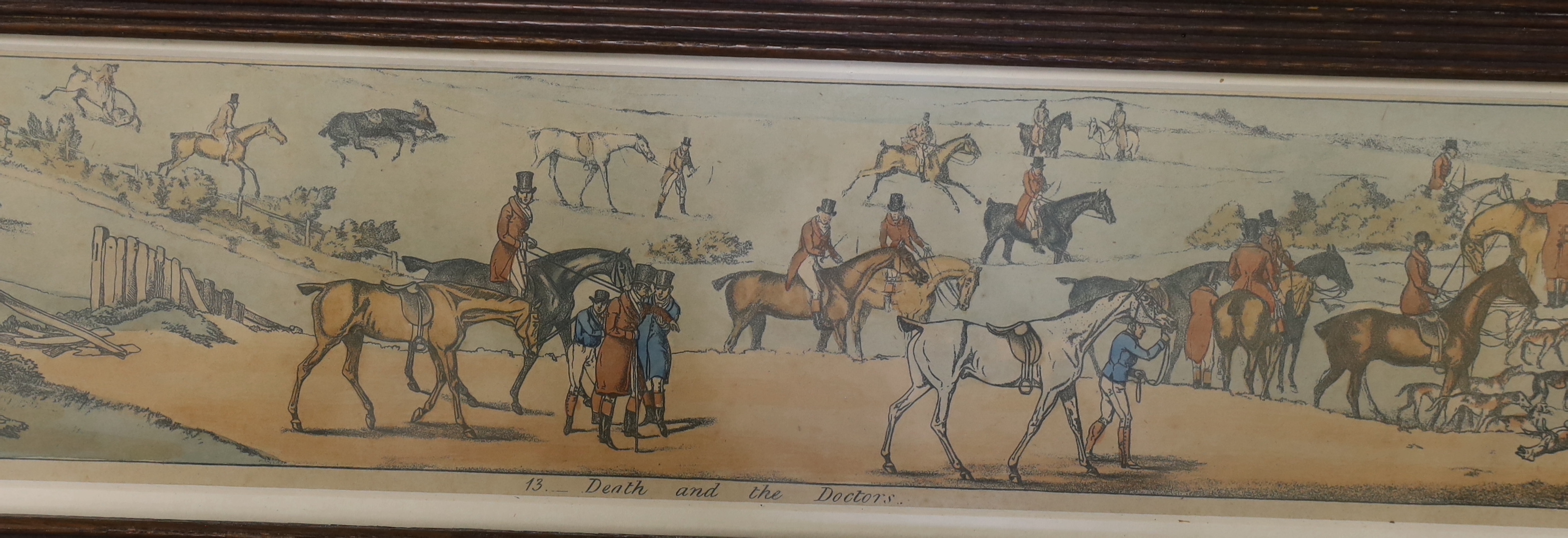 After Henry Thomas Alken (1785-1851) set of twelve 19th century colour prints, Panoramic coaching and hunting scenes, including 'Doing a bit of city', publ. S & L Fuller, London 1822, 54 x 8.5cm